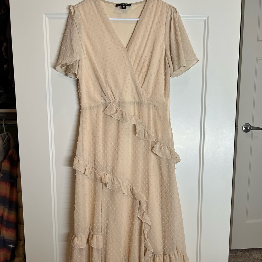 Next to You Cream Swiss Dot Ruffled Midi Dress from lulus